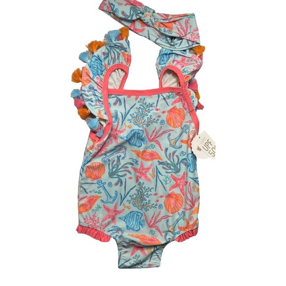 Mud Pie Swim Mud Pie 218m 3t Sea Life Swimsuit Set 1 Pc Swim And Headband Pink Blue Tassels